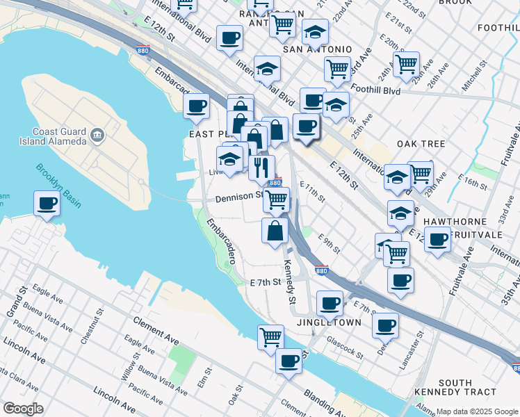 map of restaurants, bars, coffee shops, grocery stores, and more near 955 Kennedy St in Oakland