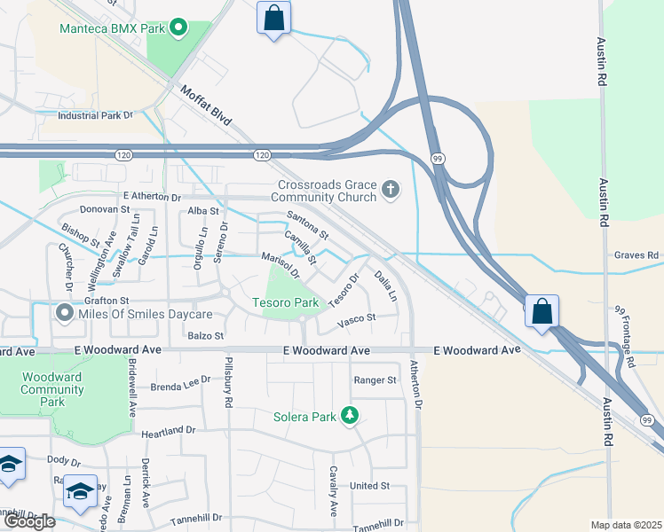 map of restaurants, bars, coffee shops, grocery stores, and more near 1450 Albero Court in Manteca