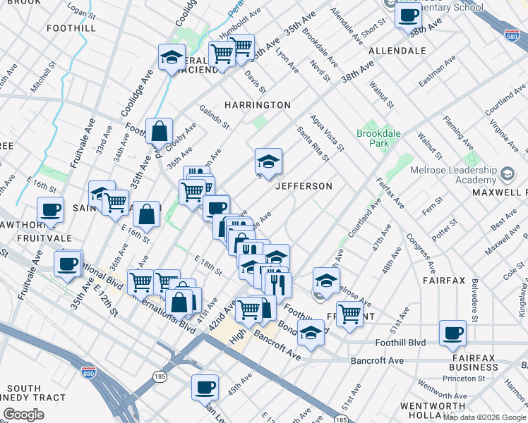 map of restaurants, bars, coffee shops, grocery stores, and more near 2035 Rosedale Avenue in Oakland