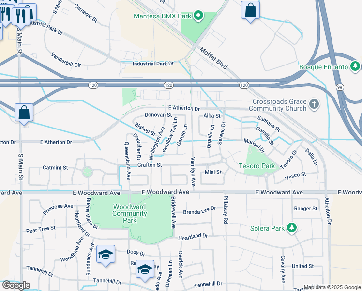 map of restaurants, bars, coffee shops, grocery stores, and more near 1530 Garold Lane in Manteca