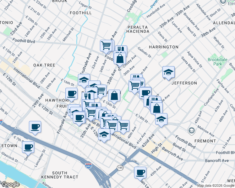 map of restaurants, bars, coffee shops, grocery stores, and more near 1720 Bridge Avenue in Oakland