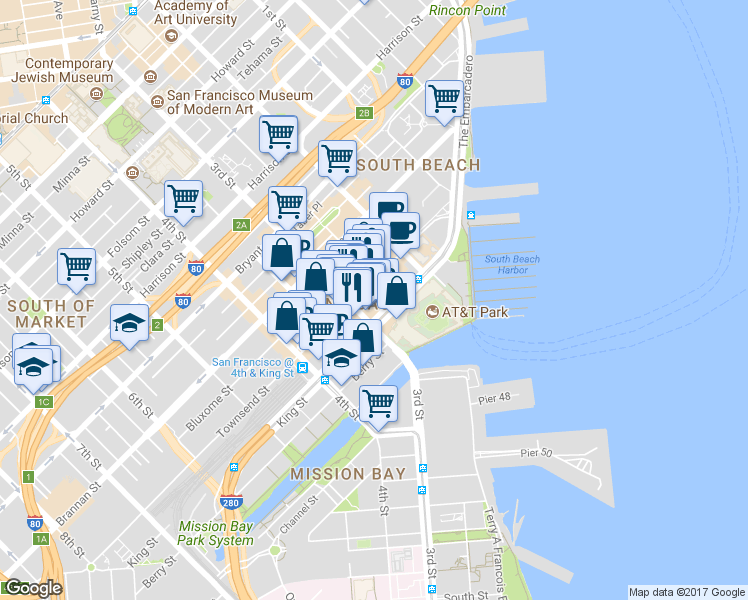 map of restaurants, bars, coffee shops, grocery stores, and more near 210 Townsend Street in San Francisco