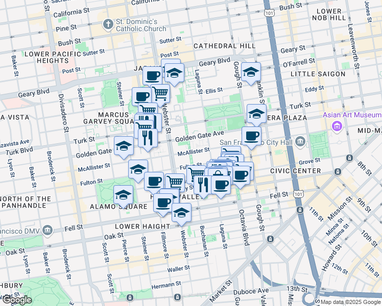 map of restaurants, bars, coffee shops, grocery stores, and more near 984 Buchanan Street in San Francisco