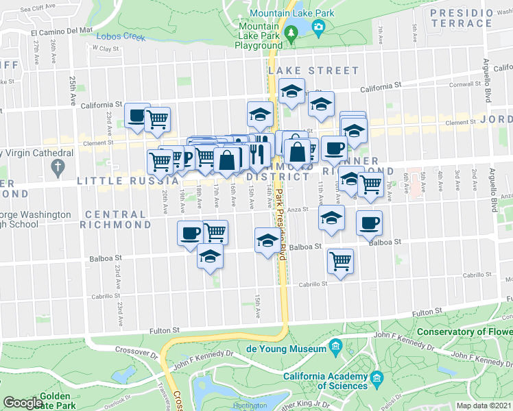 map of restaurants, bars, coffee shops, grocery stores, and more near 486 15th Avenue in San Francisco