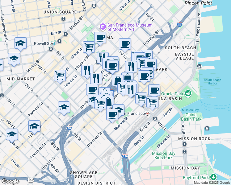 map of restaurants, bars, coffee shops, grocery stores, and more near 660 Bryant Street in San Francisco