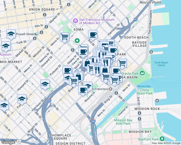 map of restaurants, bars, coffee shops, grocery stores, and more near 625 Bryant Street in San Francisco