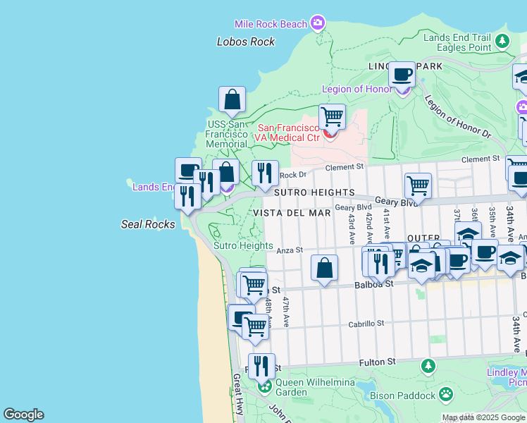 map of restaurants, bars, coffee shops, grocery stores, and more near 11340 Geary Boulevard in San Francisco