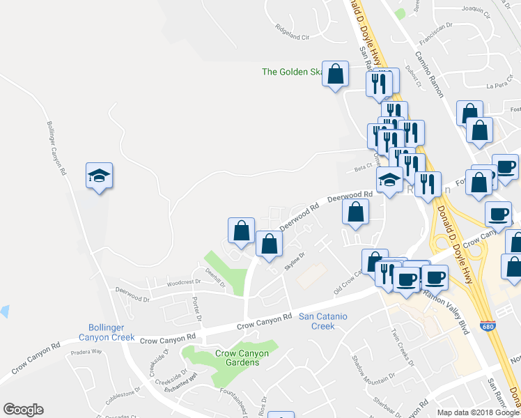 map of restaurants, bars, coffee shops, grocery stores, and more near 504 Destiny Lane in San Ramon