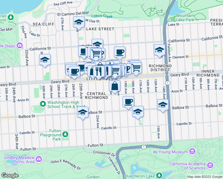 map of restaurants, bars, coffee shops, grocery stores, and more near 462 22nd Avenue in San Francisco