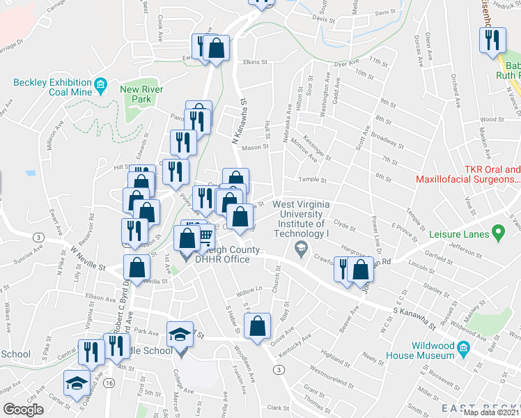 map of restaurants, bars, coffee shops, grocery stores, and more near 121 E Main St in Beckley