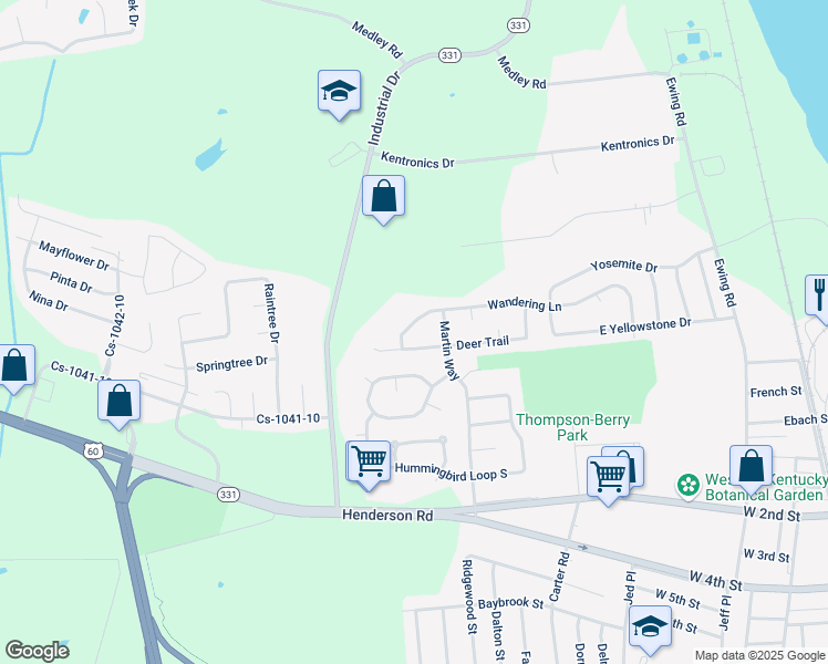 map of restaurants, bars, coffee shops, grocery stores, and more near 3432 Wandering Lane in Owensboro