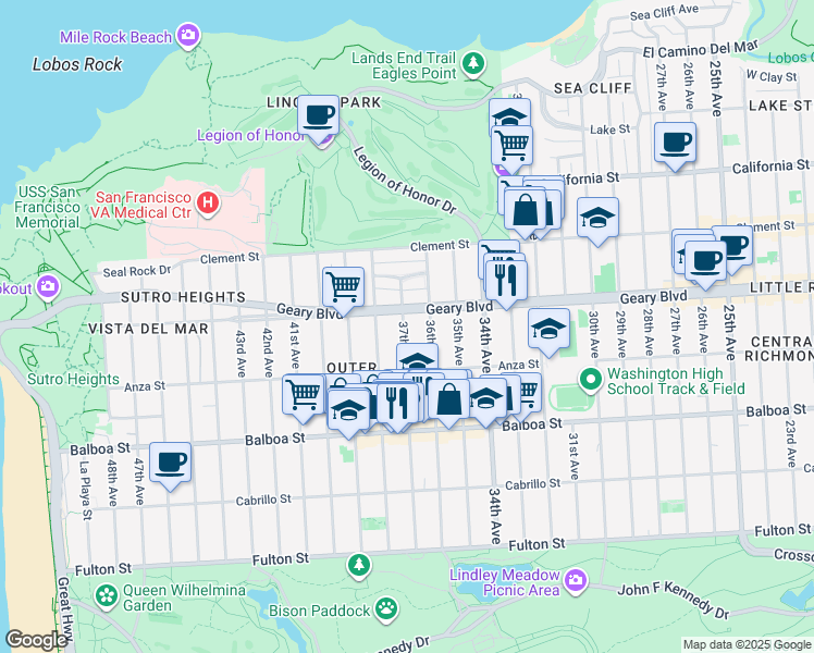 map of restaurants, bars, coffee shops, grocery stores, and more near 524 37th Avenue in San Francisco