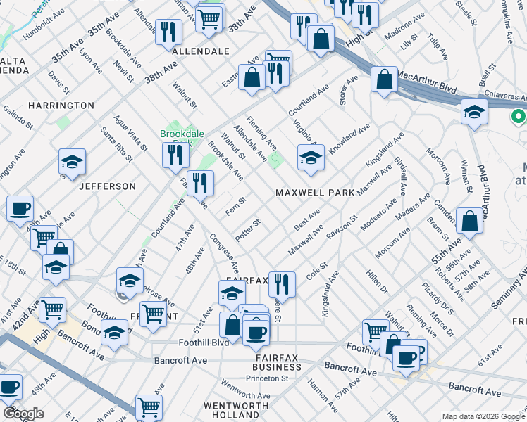 map of restaurants, bars, coffee shops, grocery stores, and more near 4809 Brookdale Avenue in Oakland
