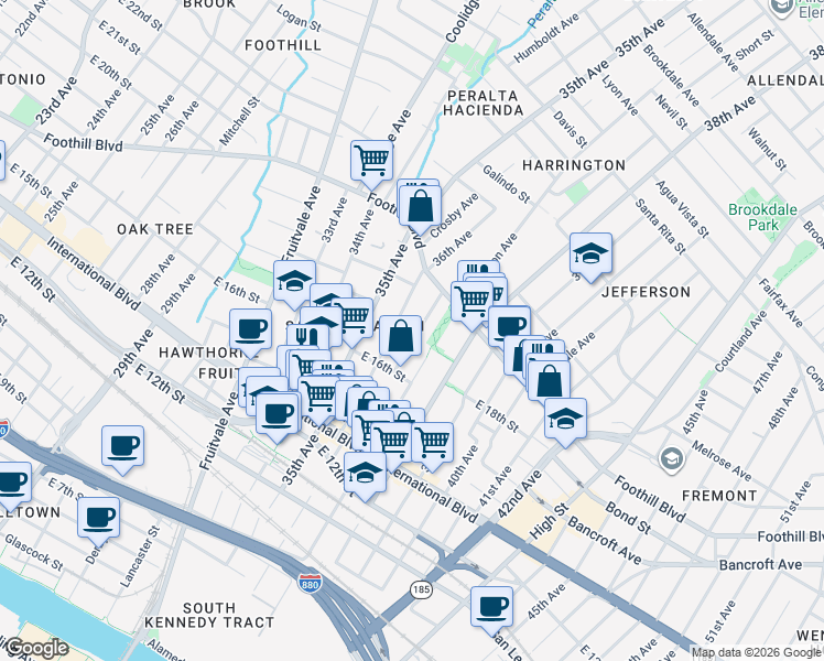 map of restaurants, bars, coffee shops, grocery stores, and more near 1720 Bridge Avenue in Oakland