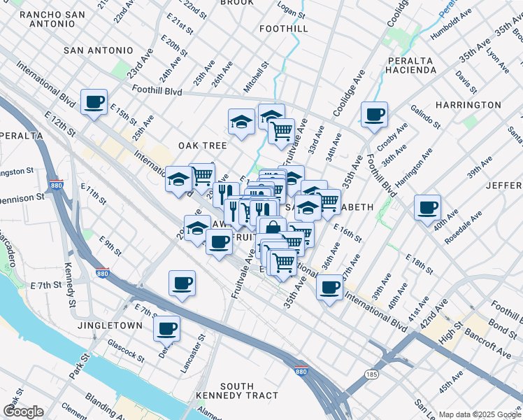 map of restaurants, bars, coffee shops, grocery stores, and more near 1479 Fruitvale Avenue in Oakland