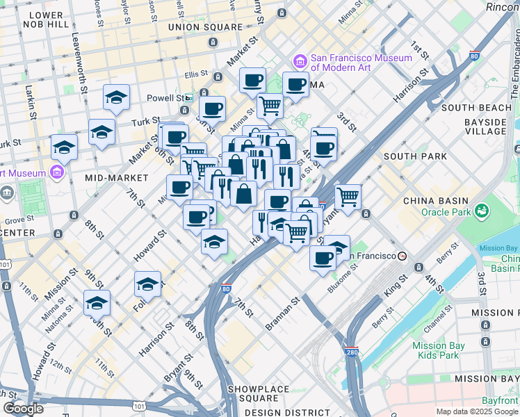 map of restaurants, bars, coffee shops, grocery stores, and more near 222 Clara Street in San Francisco