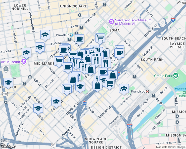 map of restaurants, bars, coffee shops, grocery stores, and more near 965 Folsom Street in San Francisco
