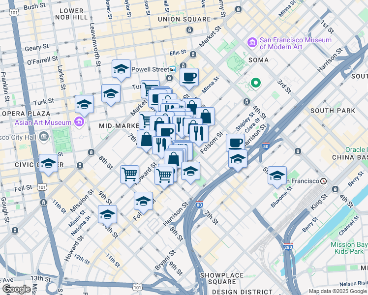map of restaurants, bars, coffee shops, grocery stores, and more near 2 Harriet Street in San Francisco