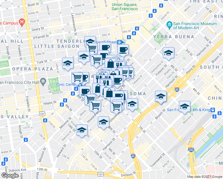 map of restaurants, bars, coffee shops, grocery stores, and more near 563 Natoma Street in San Francisco