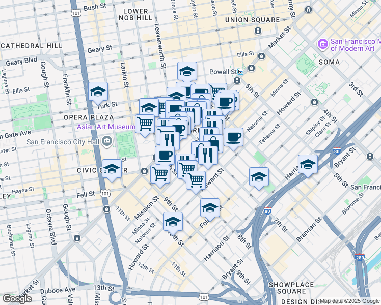 map of restaurants, bars, coffee shops, grocery stores, and more near 90 7th Street in San Francisco