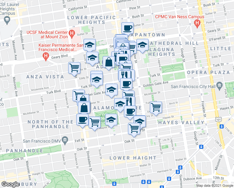 map of restaurants, bars, coffee shops, grocery stores, and more near 1028 Steiner Street in San Francisco