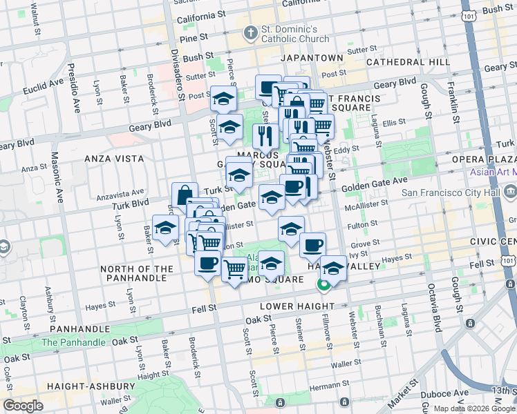 map of restaurants, bars, coffee shops, grocery stores, and more near 1455 Golden Gate Avenue in San Francisco
