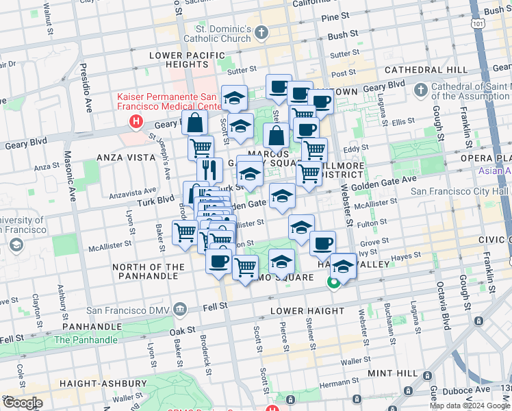map of restaurants, bars, coffee shops, grocery stores, and more near 1513 Golden Gate Avenue in San Francisco