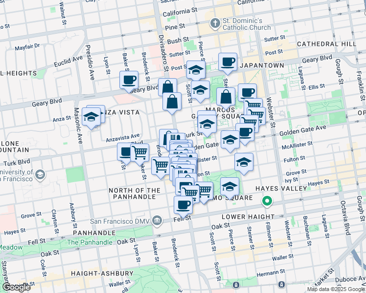 map of restaurants, bars, coffee shops, grocery stores, and more near 1616 Golden Gate Avenue in San Francisco
