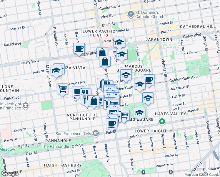 map of restaurants, bars, coffee shops, grocery stores, and more near 1021 Divisadero Street in San Francisco