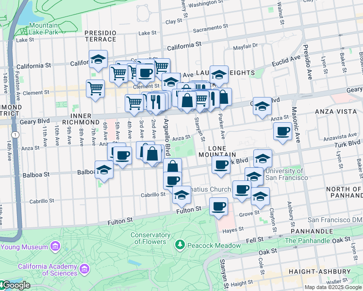 map of restaurants, bars, coffee shops, grocery stores, and more near 600 Arguello Boulevard in San Francisco