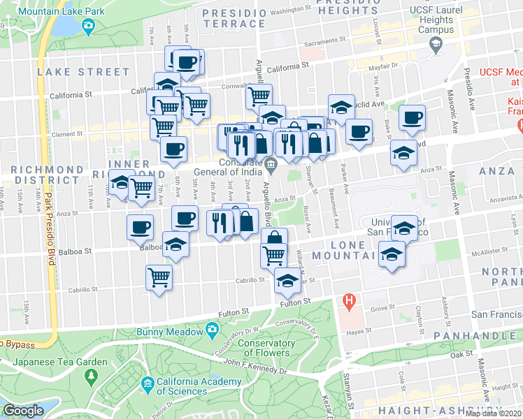 map of restaurants, bars, coffee shops, grocery stores, and more near 600 Arguello Boulevard in San Francisco
