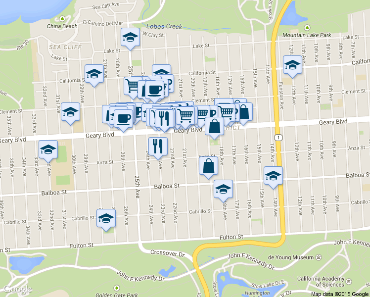 map of restaurants, bars, coffee shops, grocery stores, and more near 462 22nd Avenue in San Francisco