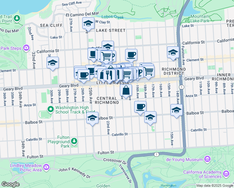 map of restaurants, bars, coffee shops, grocery stores, and more near 462 22nd Avenue in San Francisco