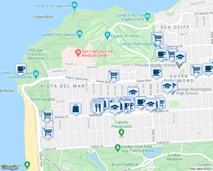 map of restaurants, bars, coffee shops, grocery stores, and more near 7555 Geary Boulevard in San Francisco