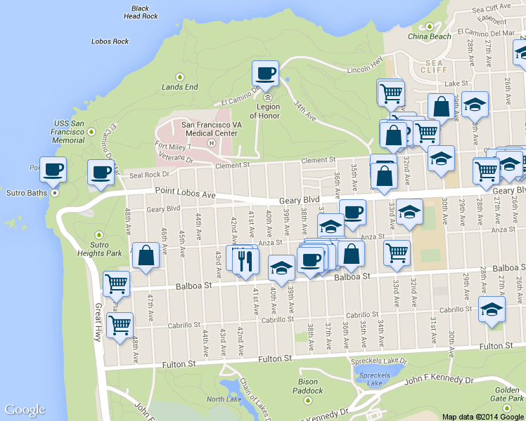 map of restaurants, bars, coffee shops, grocery stores, and more near 7555 Geary Boulevard in San Francisco
