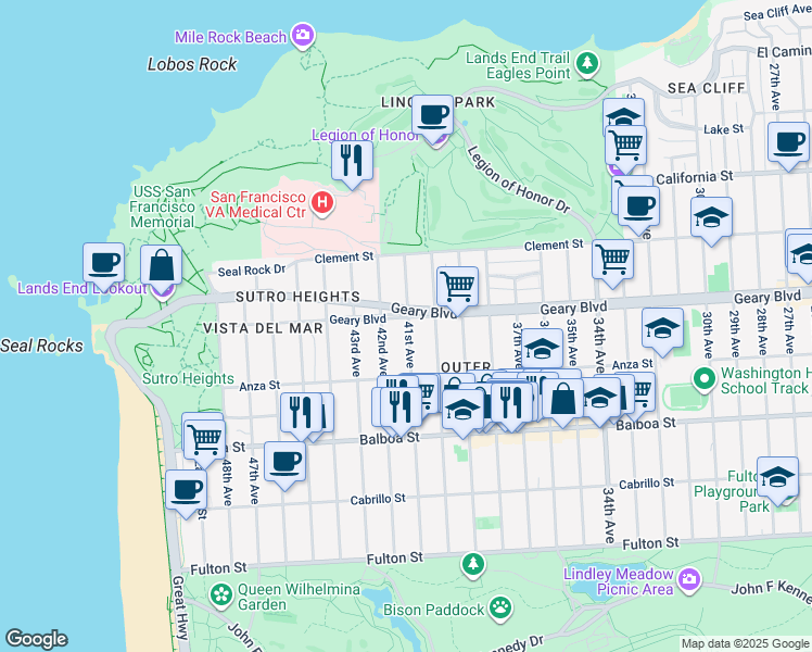 map of restaurants, bars, coffee shops, grocery stores, and more near 501 41st Avenue in San Francisco