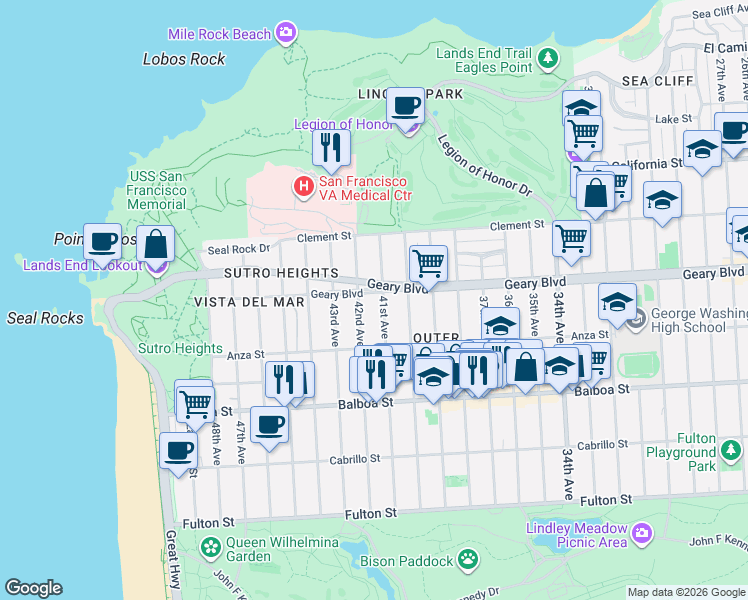map of restaurants, bars, coffee shops, grocery stores, and more near 501 41st Avenue in San Francisco