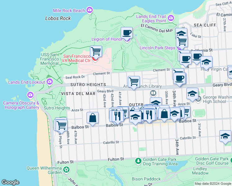 map of restaurants, bars, coffee shops, grocery stores, and more near 501 41st Avenue in San Francisco