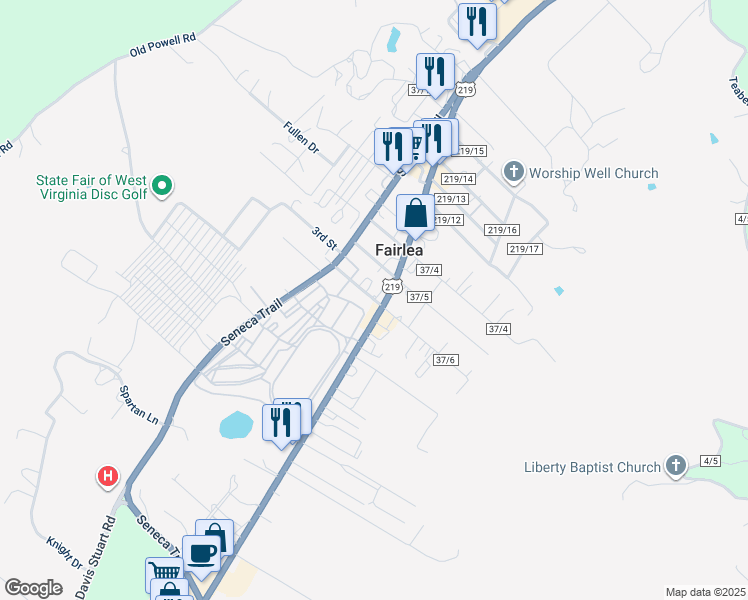 map of restaurants, bars, coffee shops, grocery stores, and more near 219 Fair Street in Lewisburg