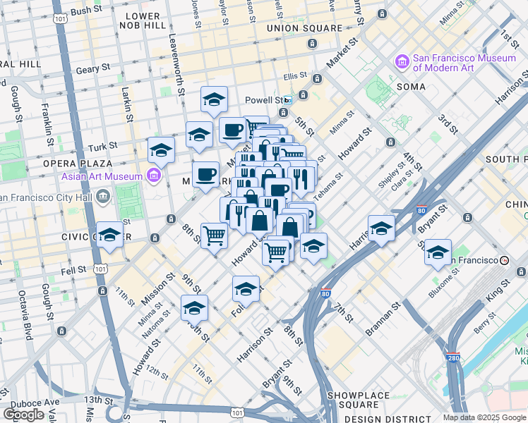 map of restaurants, bars, coffee shops, grocery stores, and more near 563 Natoma Street in San Francisco