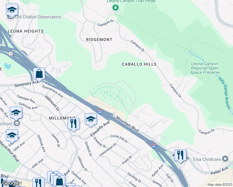 map of restaurants, bars, coffee shops, grocery stores, and more near 6271 Rocky Point Court in Oakland