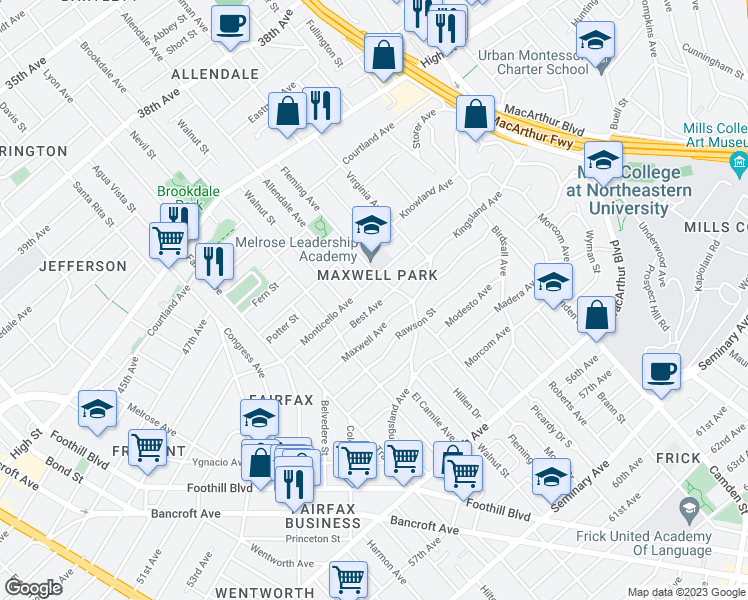 map of restaurants, bars, coffee shops, grocery stores, and more near 2727 Best Avenue in Oakland