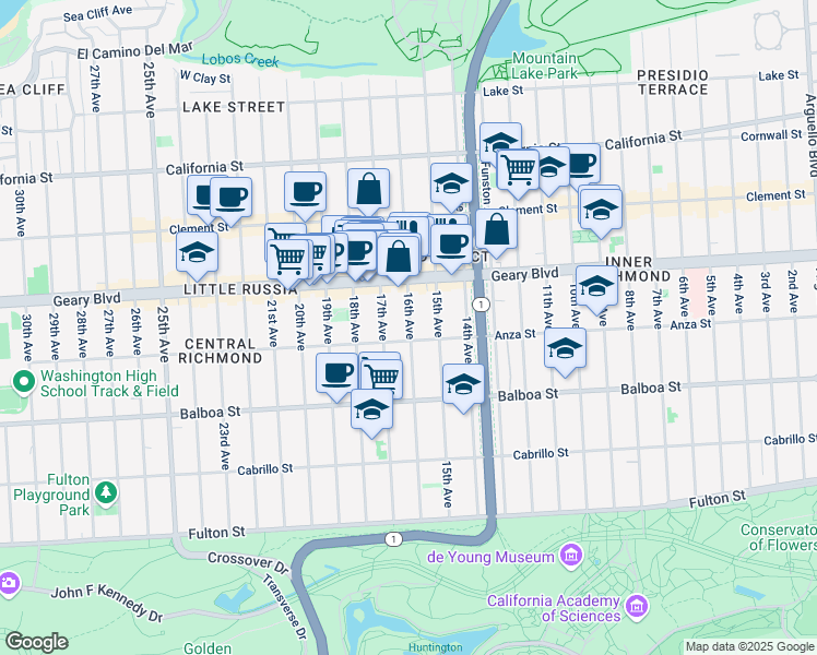map of restaurants, bars, coffee shops, grocery stores, and more near 481 16th Avenue in San Francisco