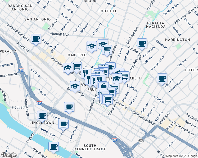 map of restaurants, bars, coffee shops, grocery stores, and more near 1479 Fruitvale Avenue in Oakland