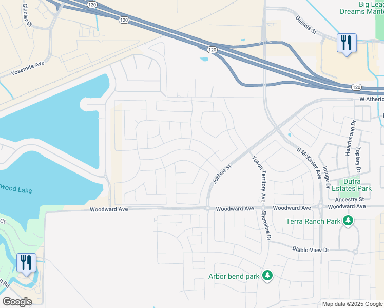 map of restaurants, bars, coffee shops, grocery stores, and more near 3264 Oak Trail Drive in Manteca