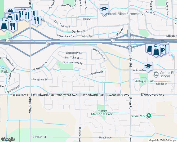 map of restaurants, bars, coffee shops, grocery stores, and more near 1546 Red Ribbons Lane in Manteca