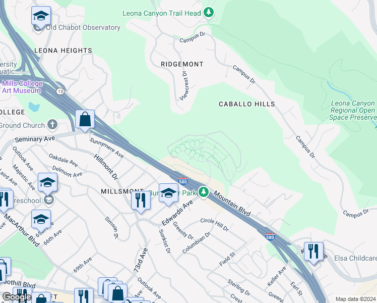map of restaurants, bars, coffee shops, grocery stores, and more near 6124 Old Quarry Loop in Oakland