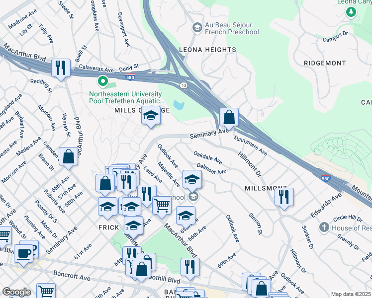 map of restaurants, bars, coffee shops, grocery stores, and more near 6105 Oakdale Avenue in Oakland