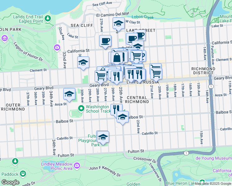 map of restaurants, bars, coffee shops, grocery stores, and more near 550 26th Avenue in San Francisco