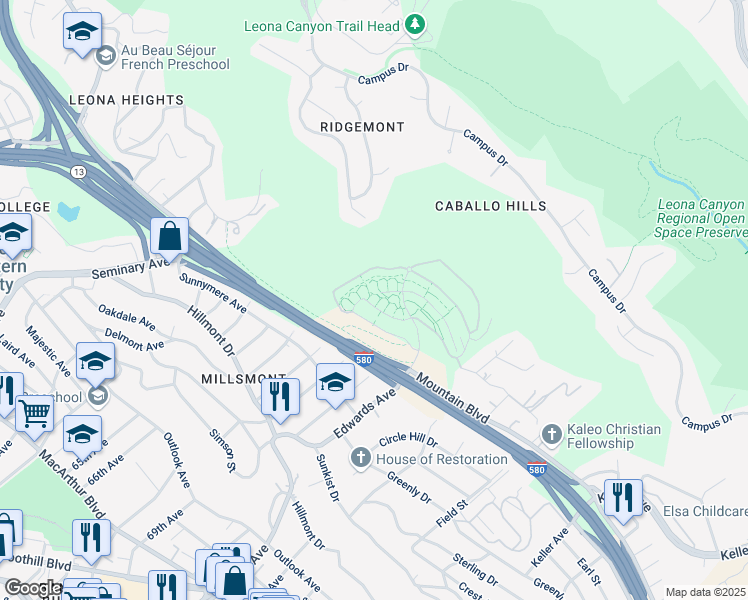 map of restaurants, bars, coffee shops, grocery stores, and more near 6124 Old Quarry Loop in Oakland
